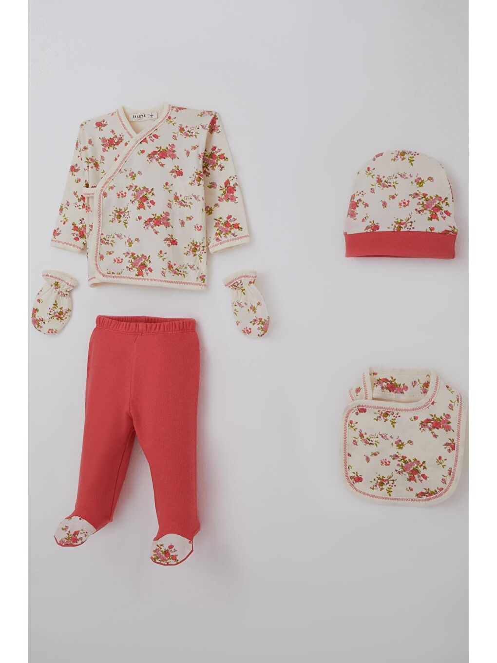 Ekru Kız Bebek Hastane Çıkışı 5 Li Bahar Esintisi Gül Desenli Krem (0-3 Ay)-1