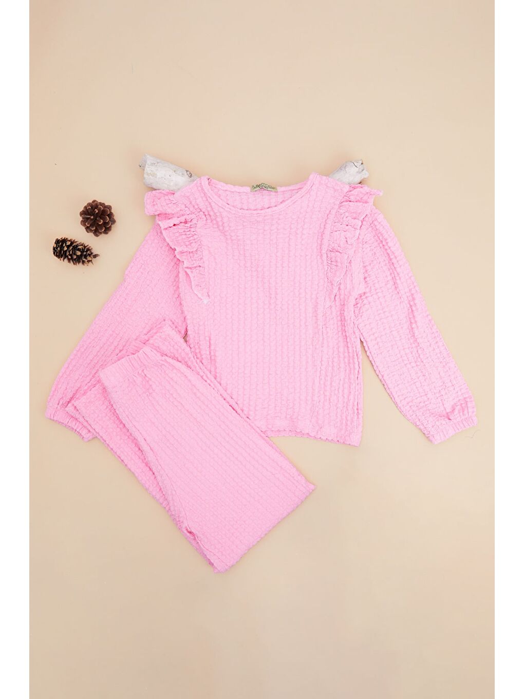 Pembe Fırfırlı Bürümcük Kumaş Kız Çocuk 2 Li Takım