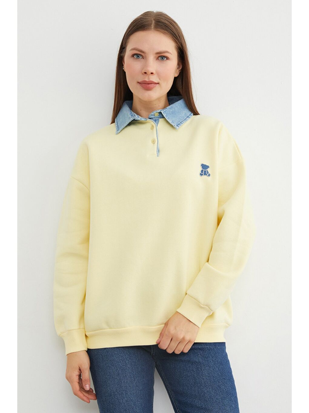 Sarı 3 İplik Ayıcık Nakışlı Polo Yaka Denim Detaylı Sweatshirt-1