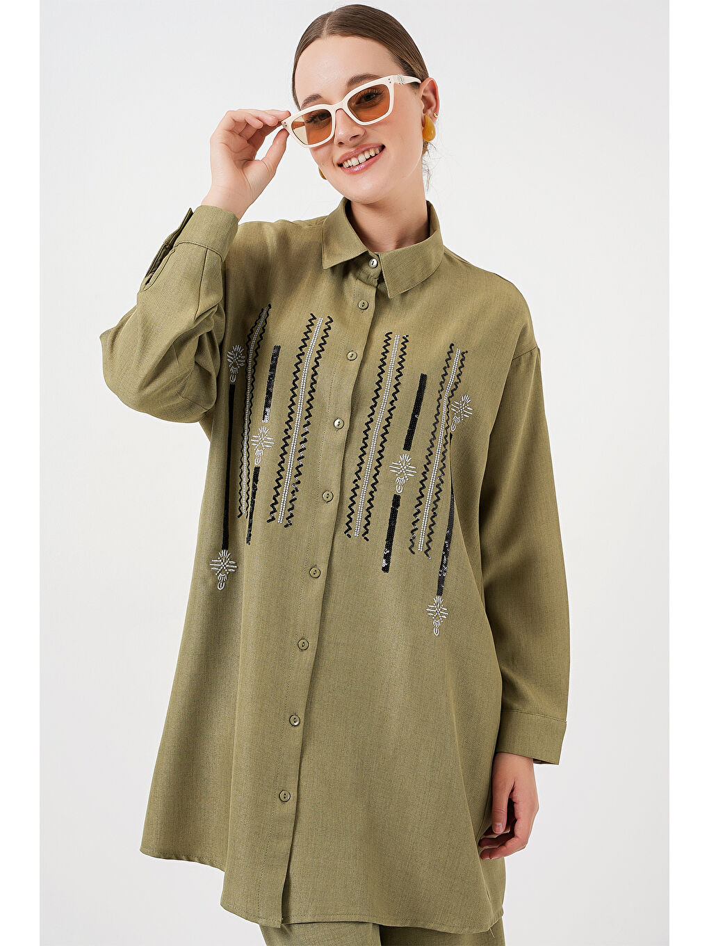 Yeşil Desenli Tunik Pantolon İkili Takım 6720 - Çağla-1