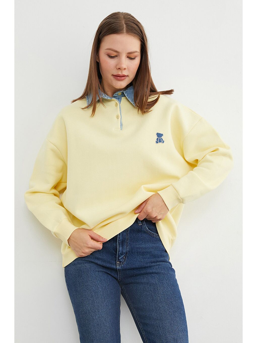 Sarı 3 İplik Ayıcık Nakışlı Polo Yaka Denim Detaylı Sweatshirt-2