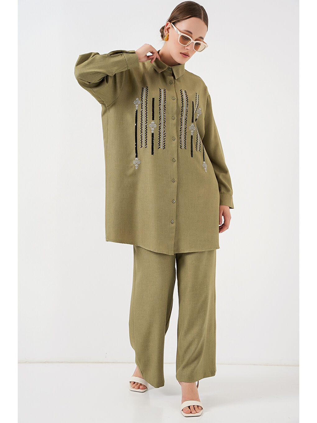 Yeşil Desenli Tunik Pantolon İkili Takım 6720 - Çağla-3