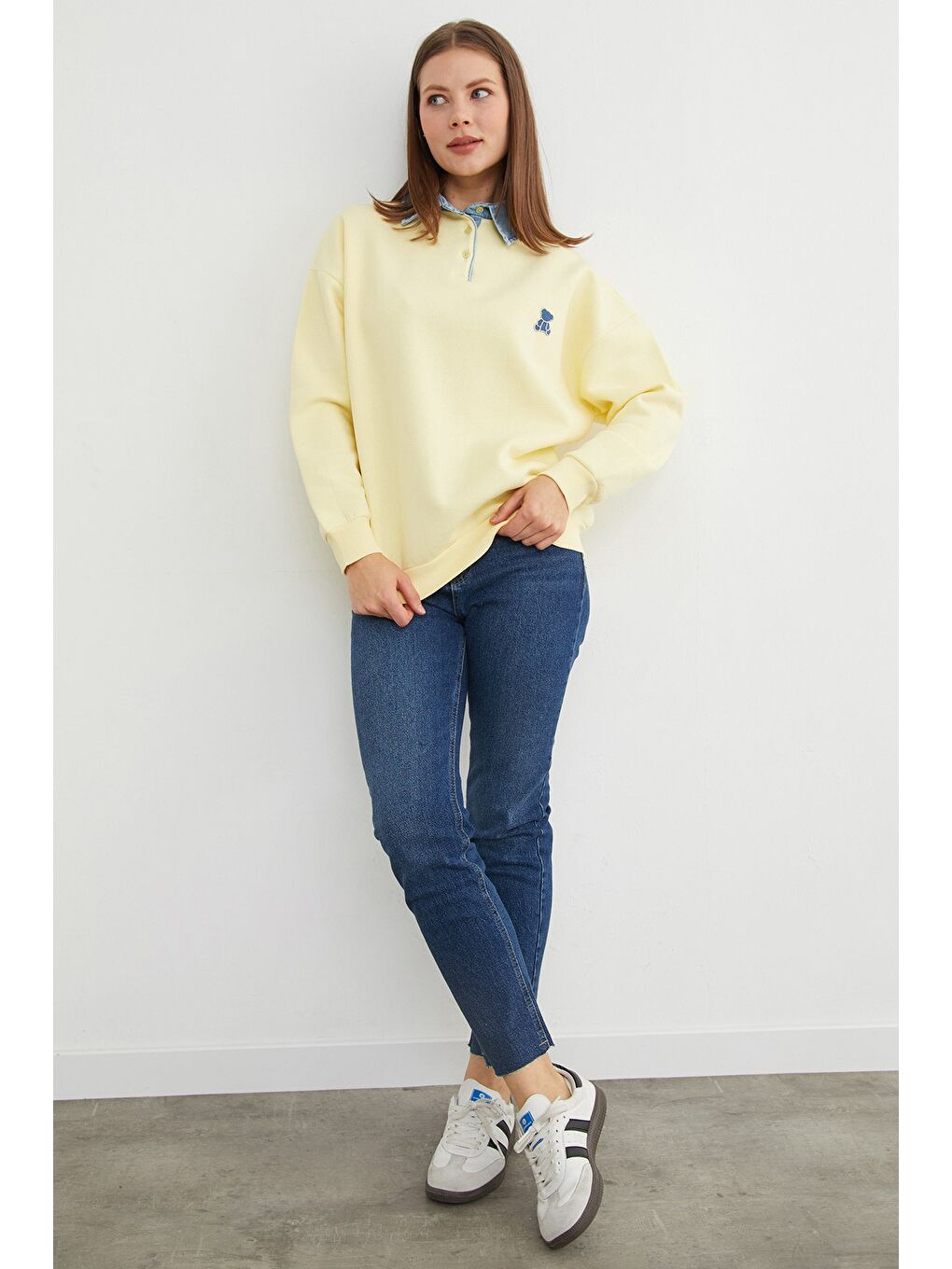 Sarı 3 İplik Ayıcık Nakışlı Polo Yaka Denim Detaylı Sweatshirt-3