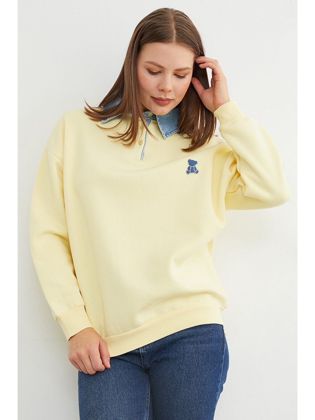 Sarı 3 İplik Ayıcık Nakışlı Polo Yaka Denim Detaylı Sweatshirt-4