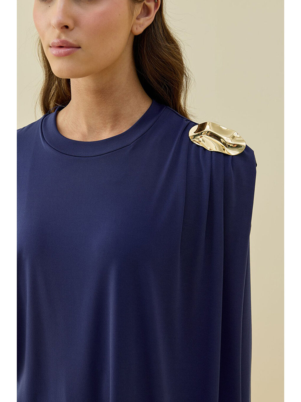 Çıkarılabilir Broş Detay Kuşaklı Doha Elbise 1654 Lacivert-2