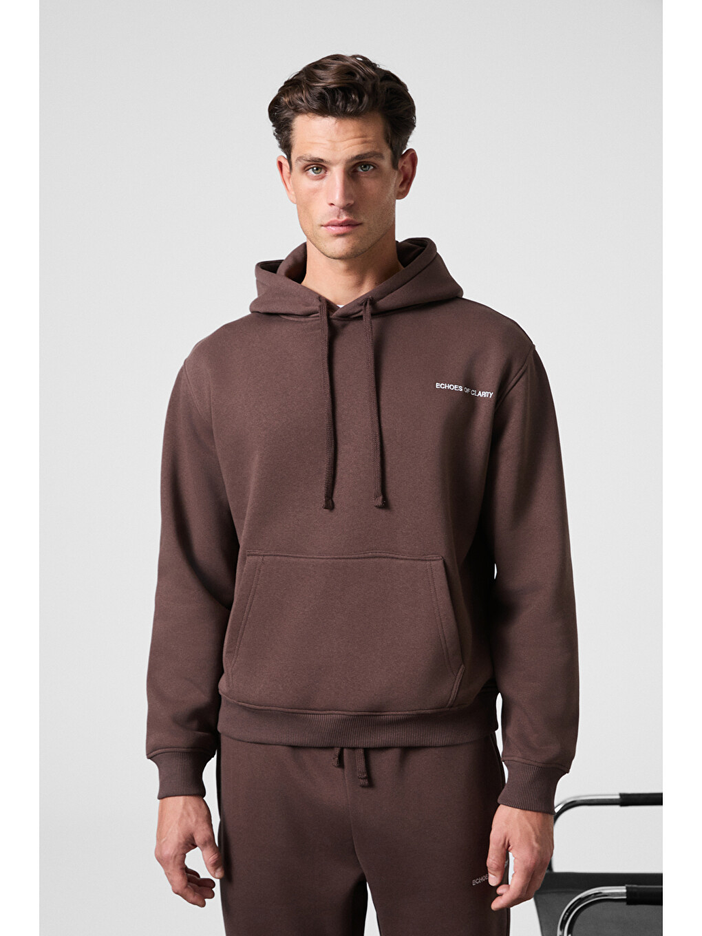 Scarn Erkek Pamuklu İçi Polarlı Nakışlı Kapüşonlu Relaxed Kahverengi Sweatshirt
