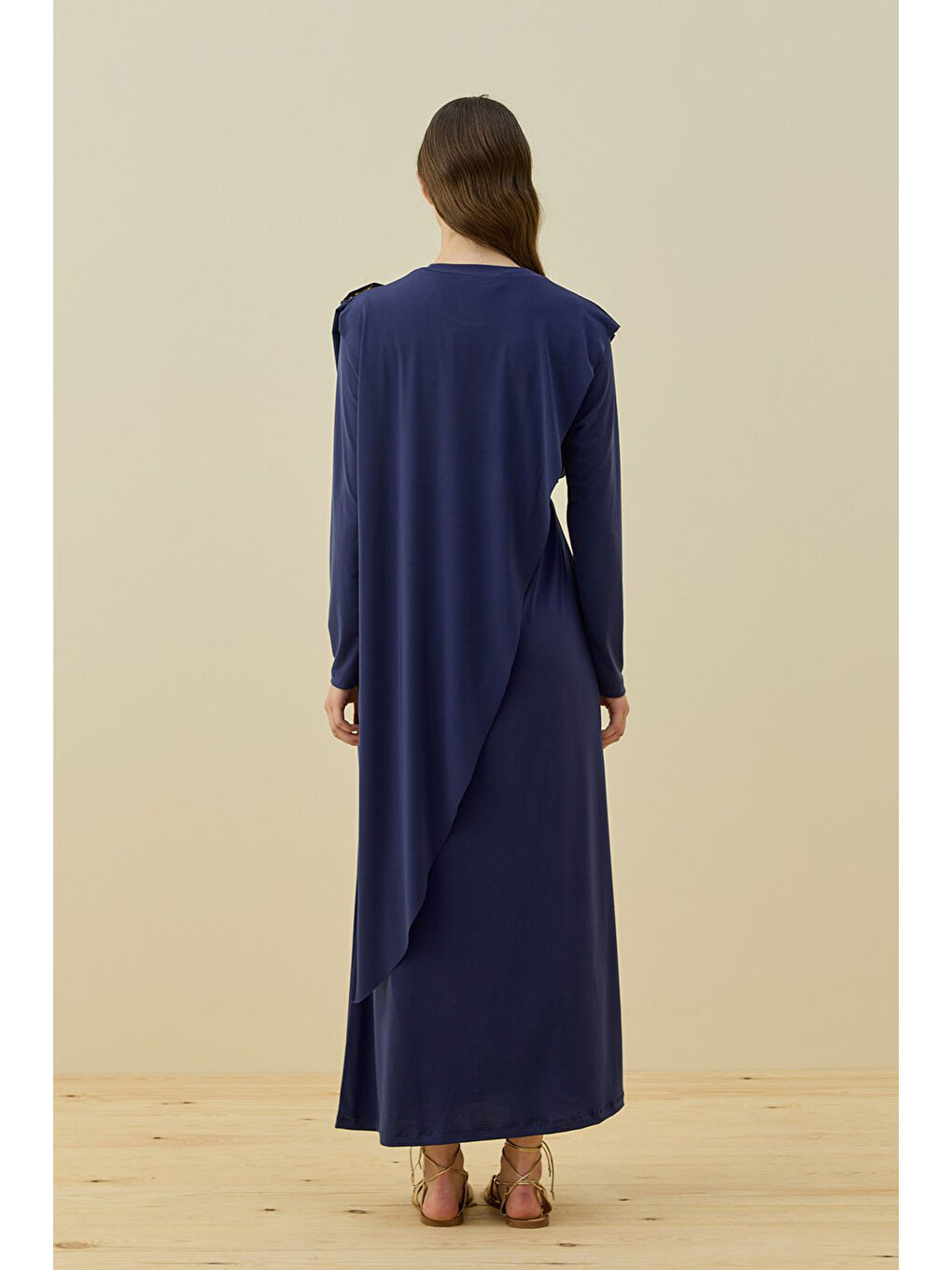 Çıkarılabilir Broş Detay Kuşaklı Doha Elbise 1654 Lacivert-3