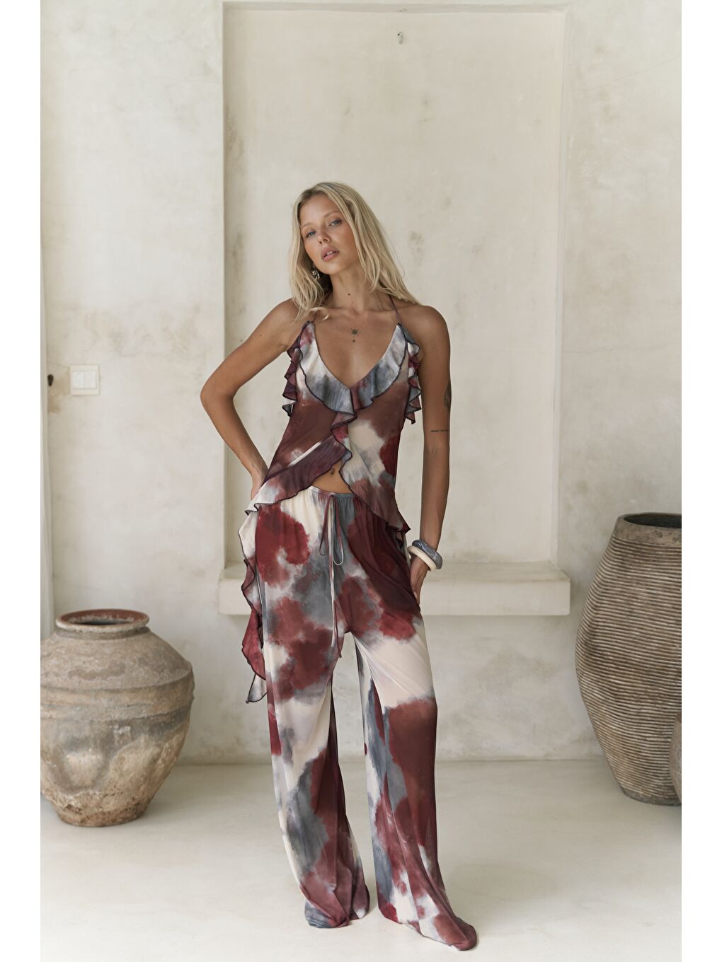 Sulliven Fırfır Detay Bordo Crop Pantolon Takım