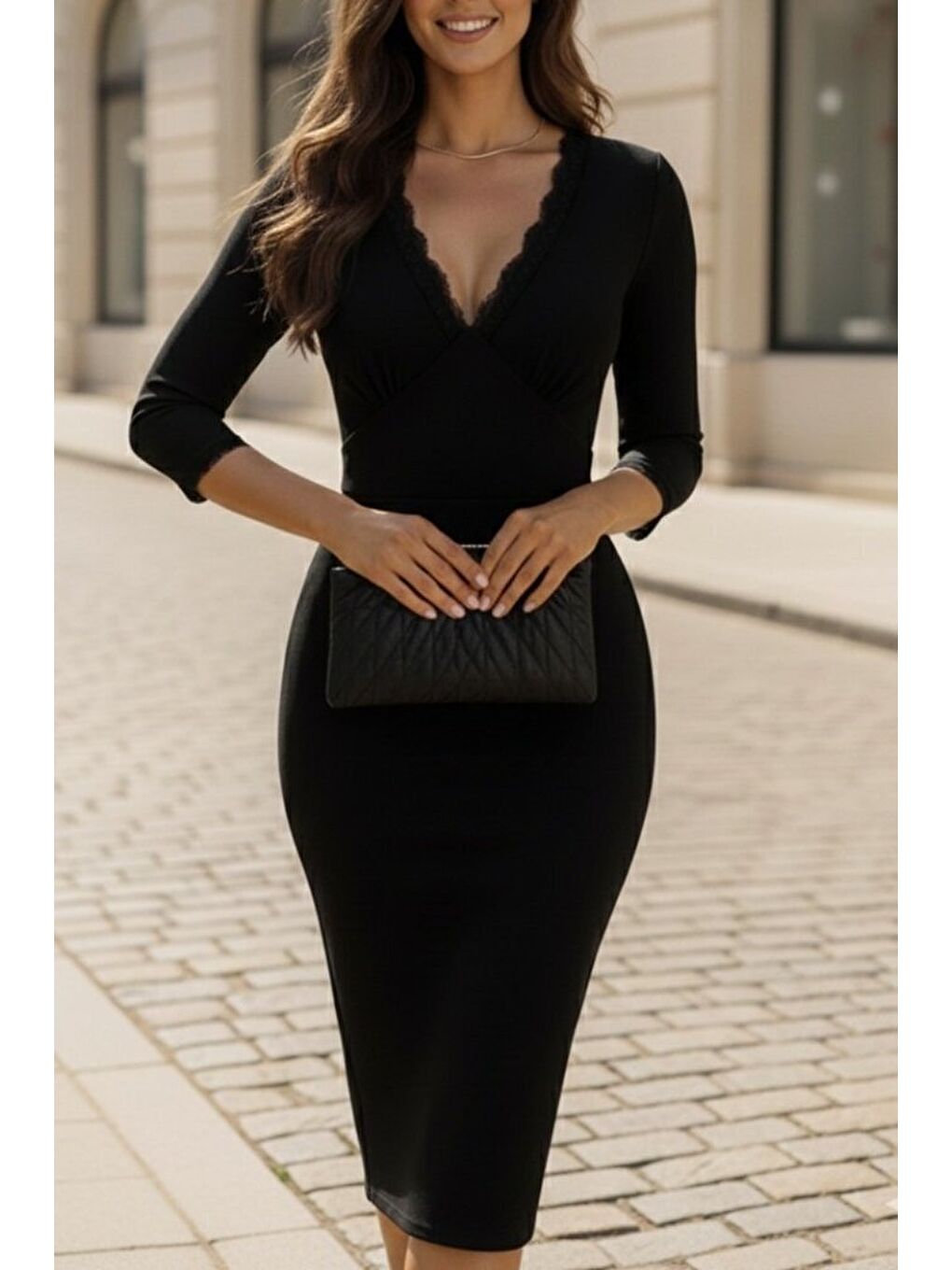 Siyah Kadın Fakir Kollu V Yakalı Dantel Detaylı Midi Janjan Krep Elbise-2