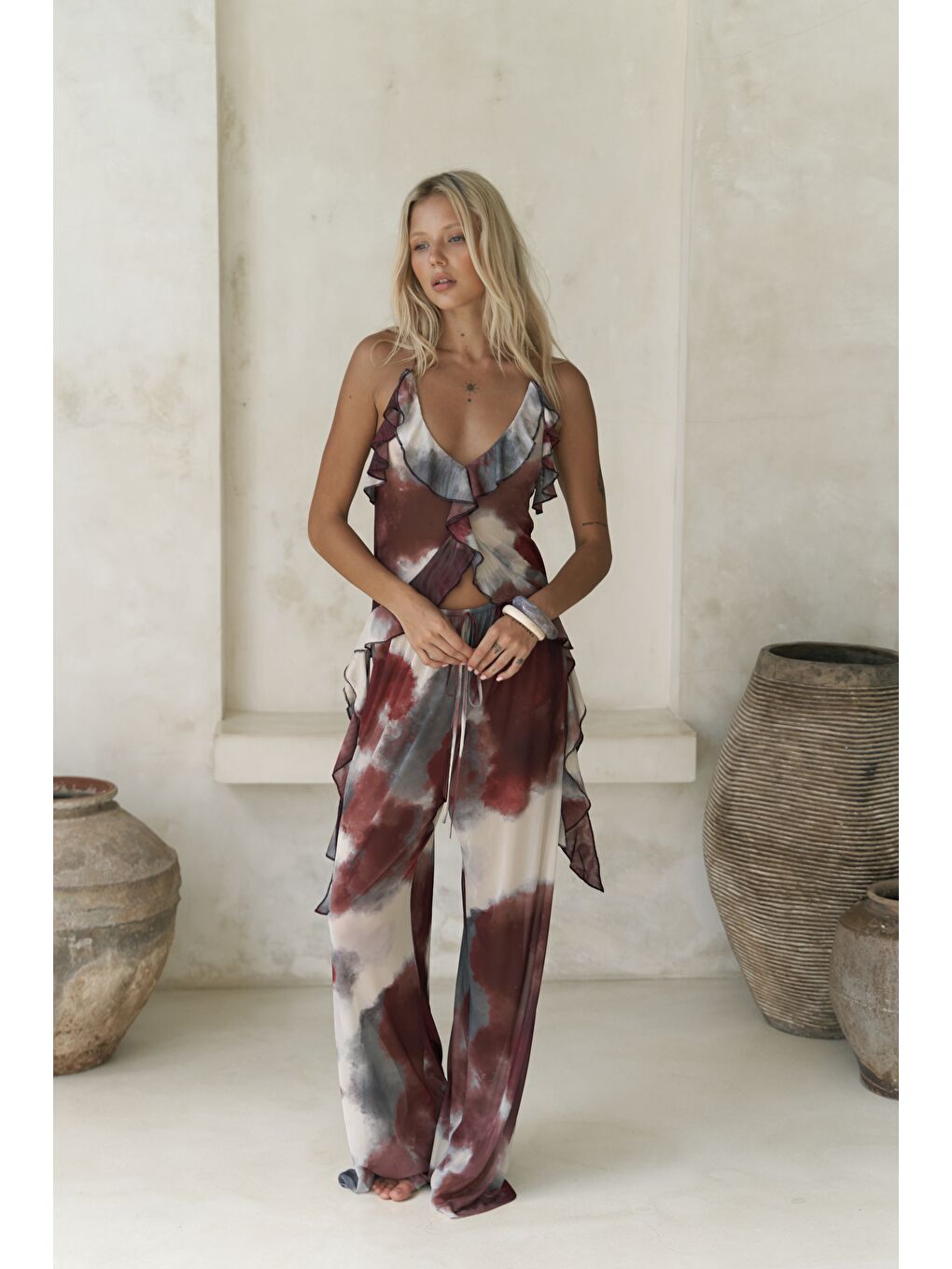 Sulliven Fırfır Detay Bordo Crop Pantolon Takım-1