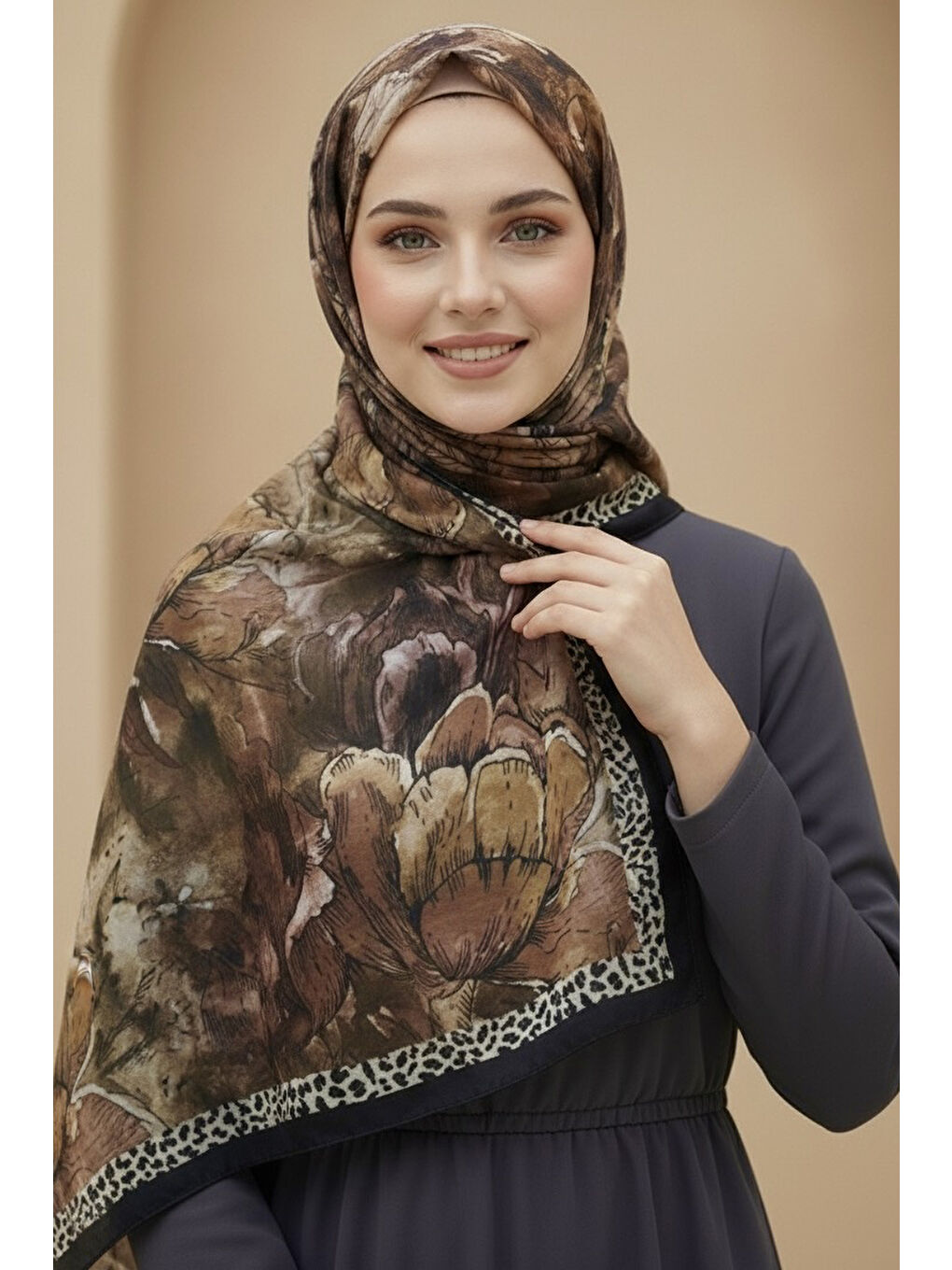 Kahverengi Rustik Bloom Serisi Bambu Crash Şal Kahve - 28002-KAHVE-1