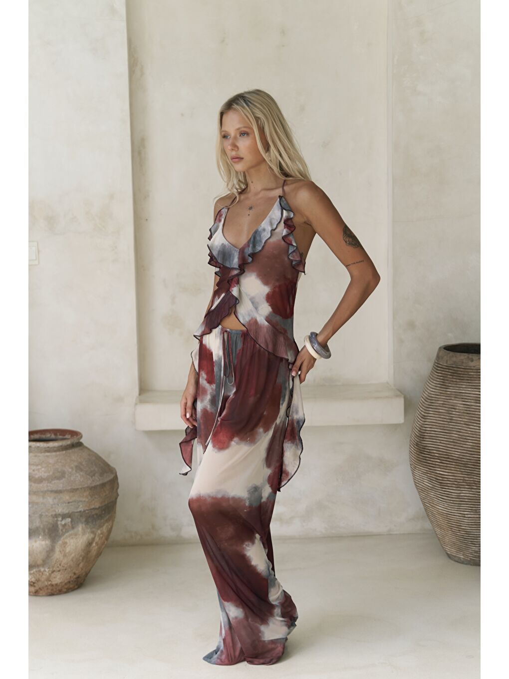 Sulliven Fırfır Detay Bordo Crop Pantolon Takım-2