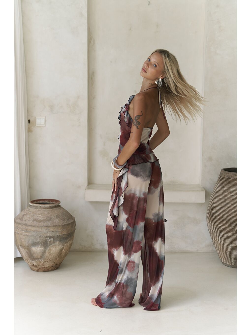 Sulliven Fırfır Detay Bordo Crop Pantolon Takım-3