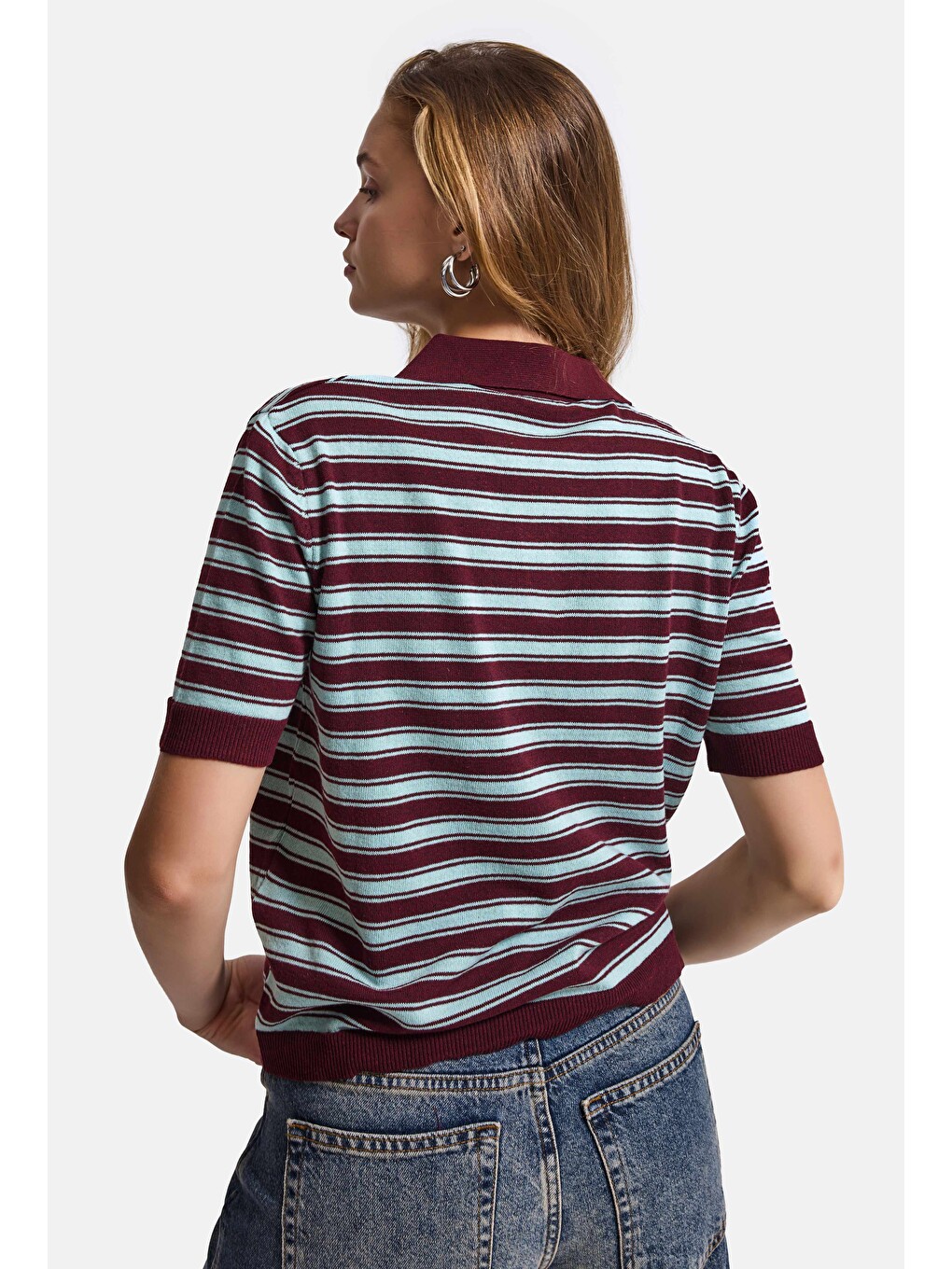Kadın Bordo Çizgili W6-35 Oversize Polo Yaka Triko-4