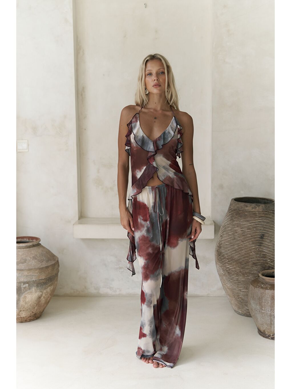 Sulliven Fırfır Detay Bordo Crop Pantolon Takım-4