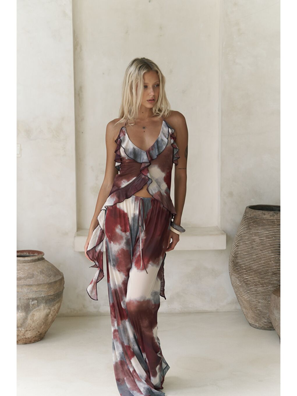 Sulliven Fırfır Detay Bordo Crop Pantolon Takım-5