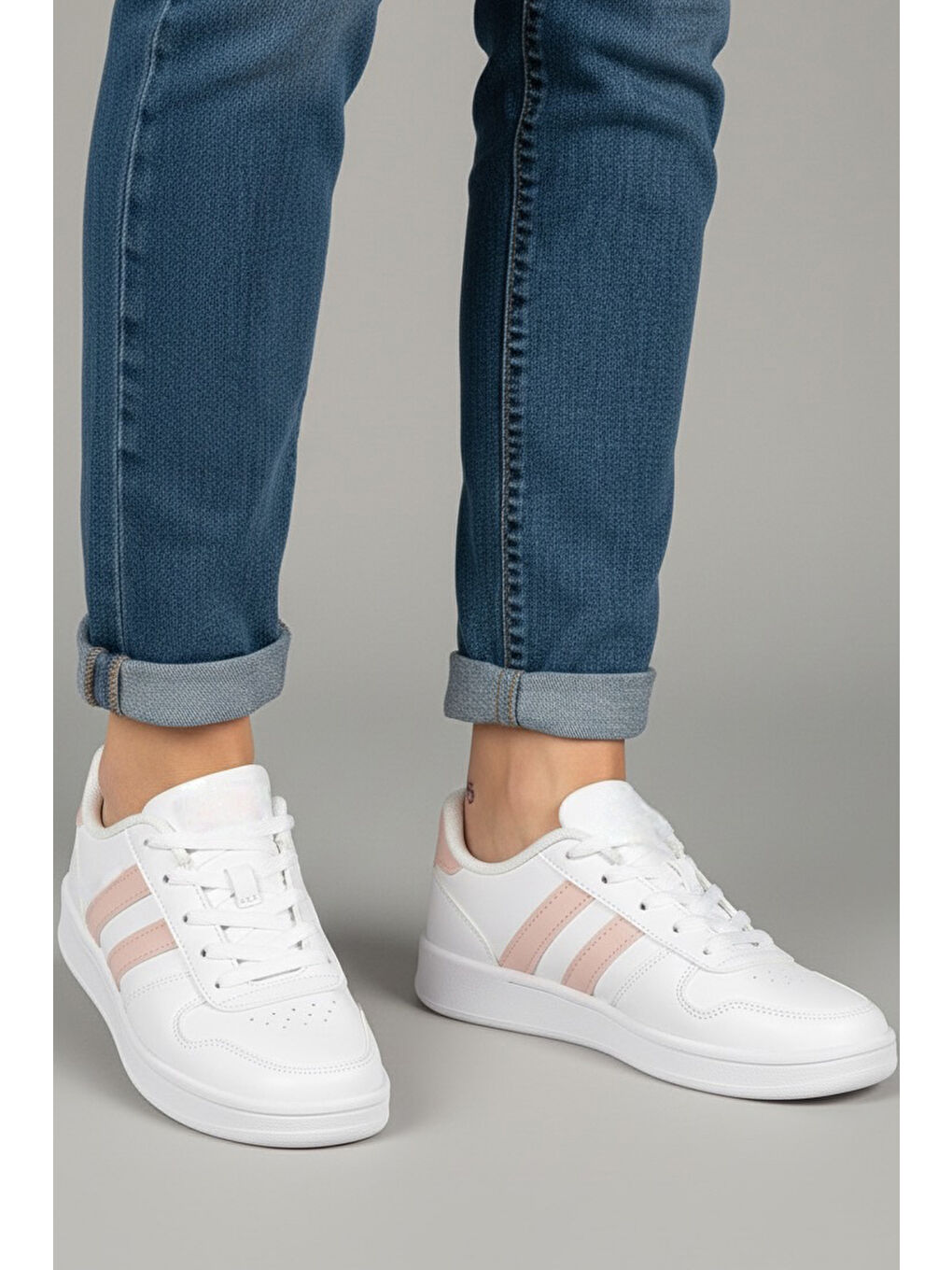 Kadın Beyaz Pudra Çizgili Suni Deri Spor Ayakkabı - 27888-BEYAZ-PUDRA-2