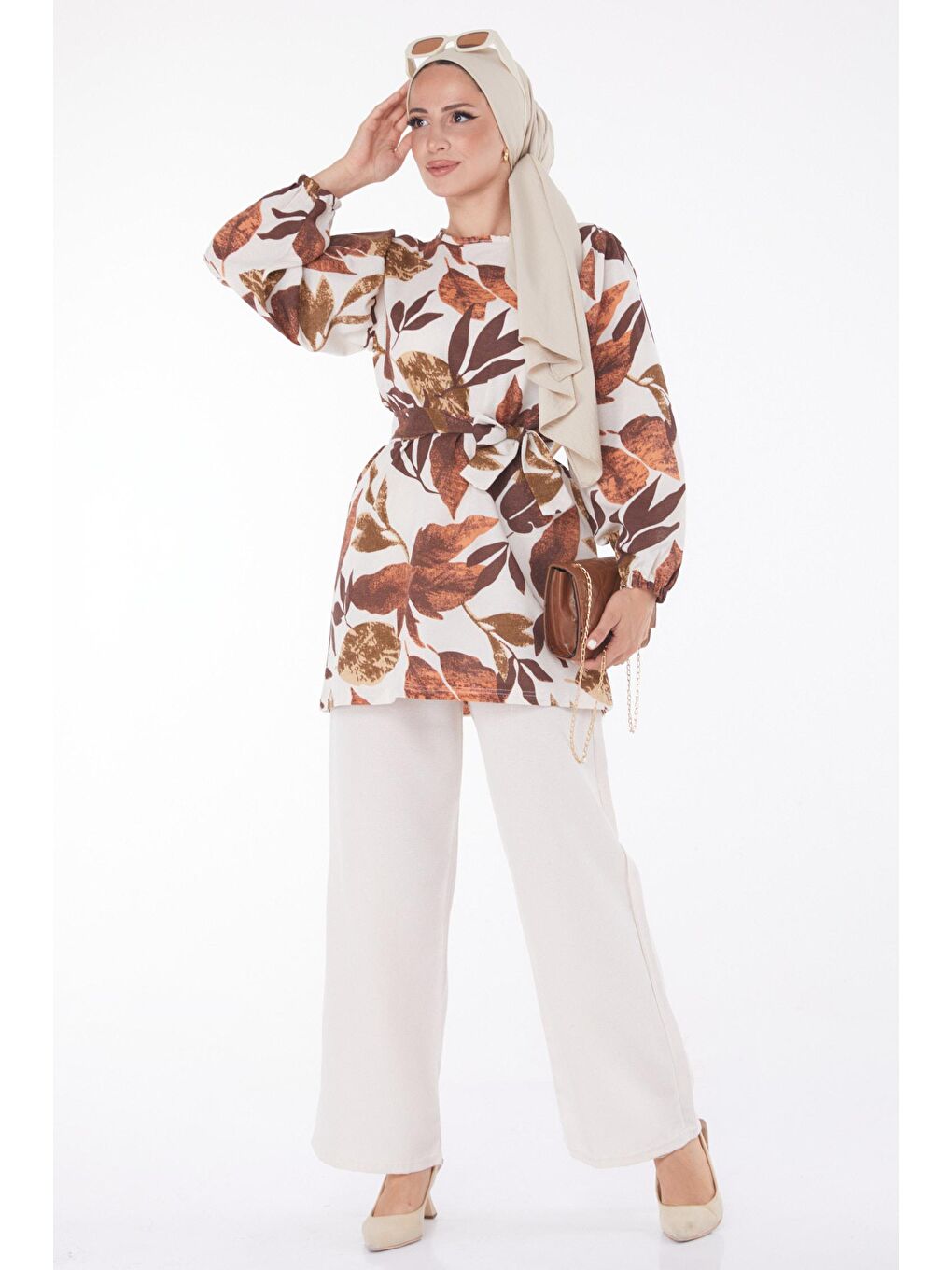 Bisiklet Yaka Kadın Kahverengi Desenli İkili Takım - 13240