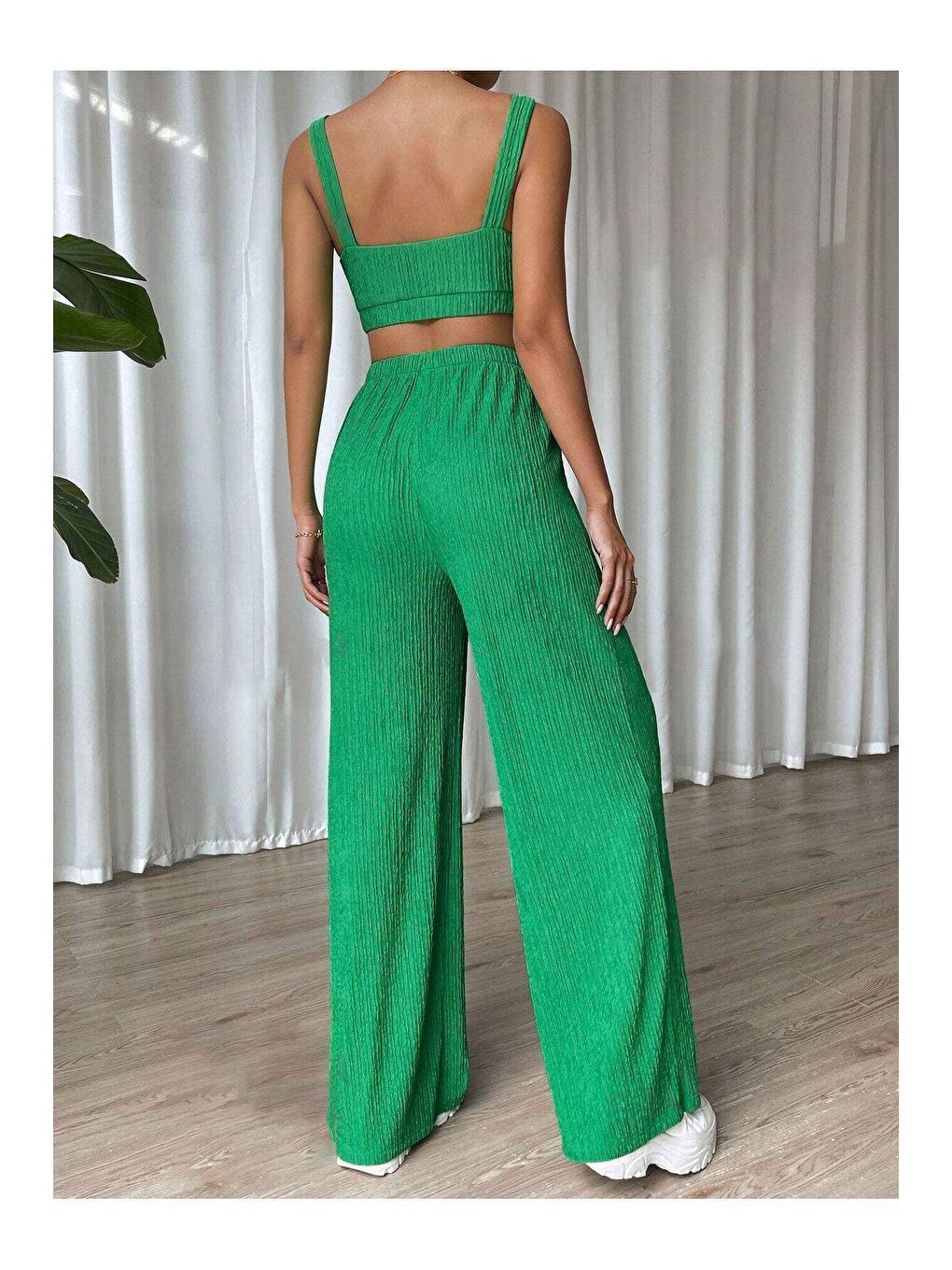 Trendseninle Yeşil Bürümcük Krinkıl Örme Crop Pantolon Takım - 1