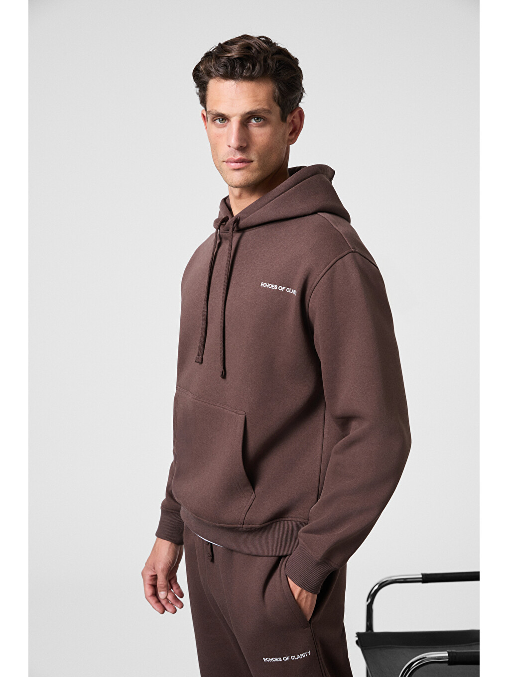 Scarn Erkek Pamuklu İçi Polarlı Nakışlı Kapüşonlu Relaxed Kahverengi Sweatshirt-3