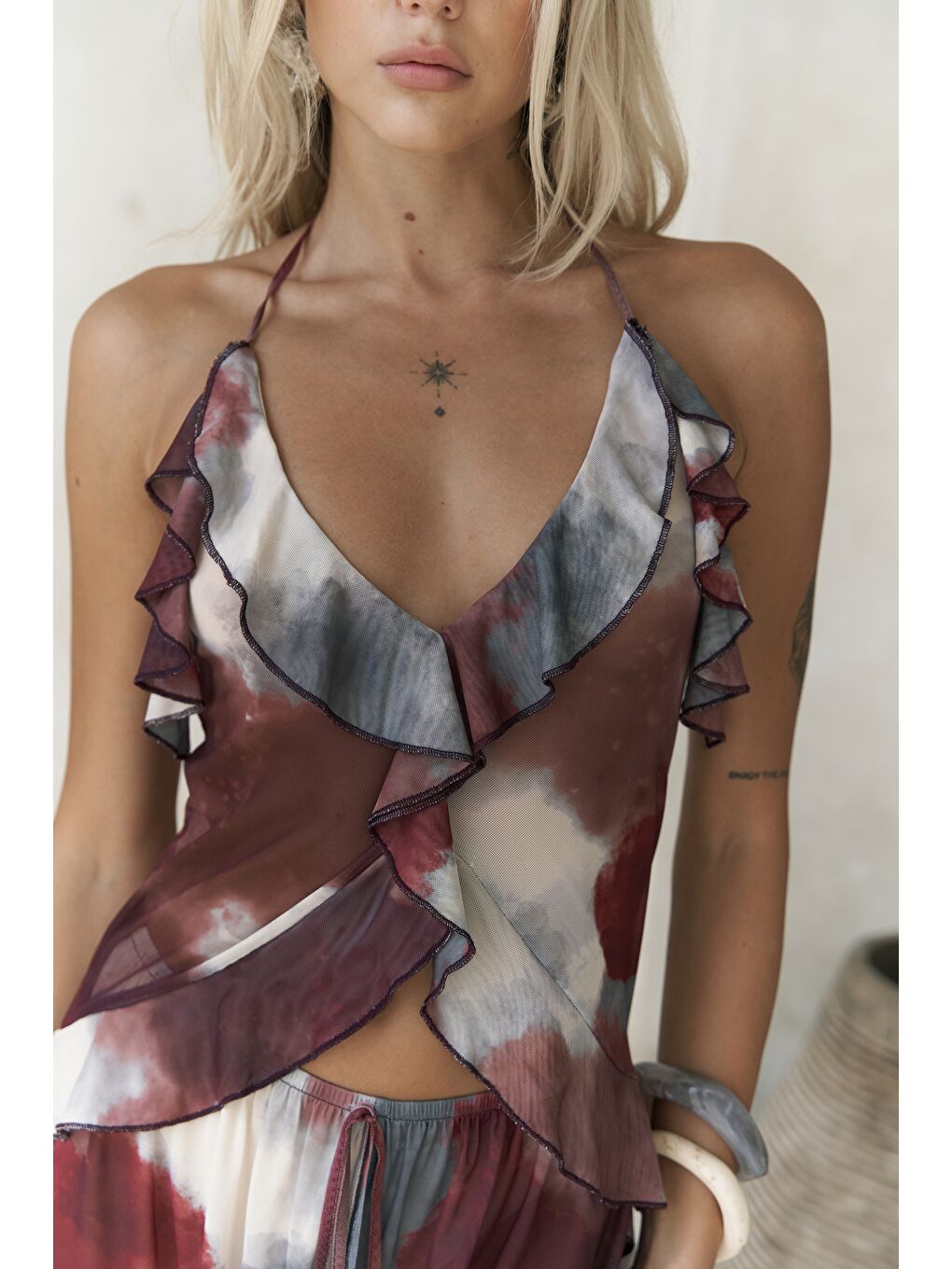 Sulliven Fırfır Detay Bordo Crop Pantolon Takım-7