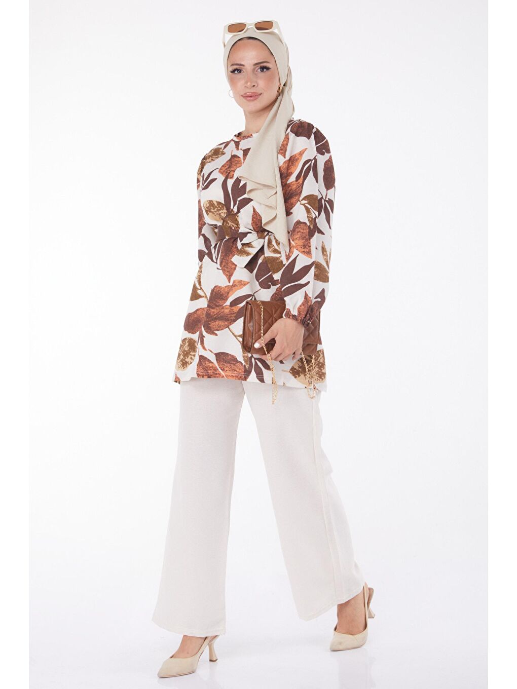 Bisiklet Yaka Kadın Kahverengi Desenli İkili Takım - 13240-1