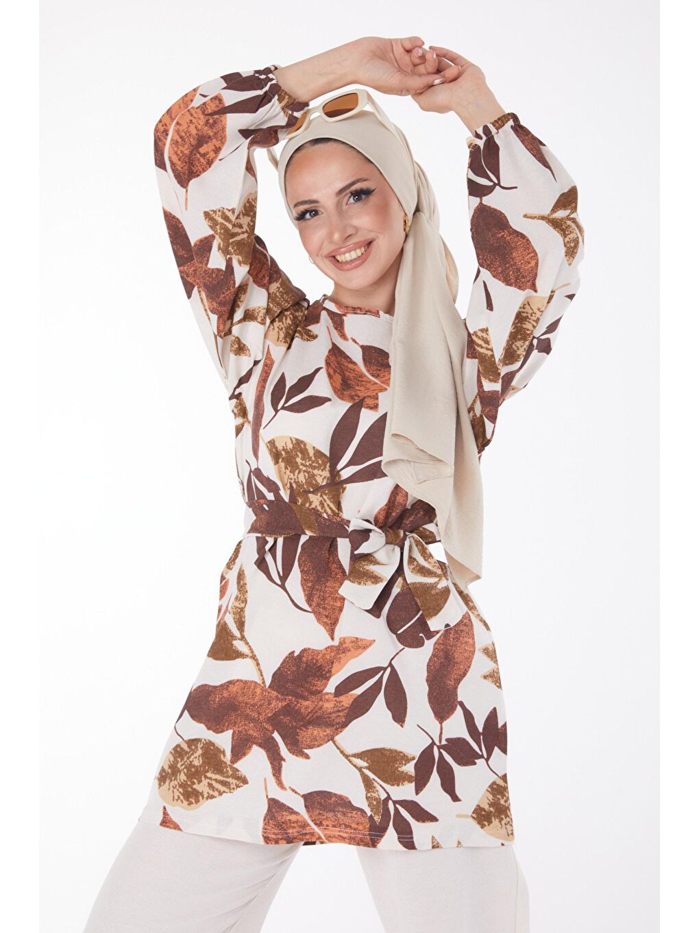 Bisiklet Yaka Kadın Kahverengi Desenli İkili Takım - 13240-2