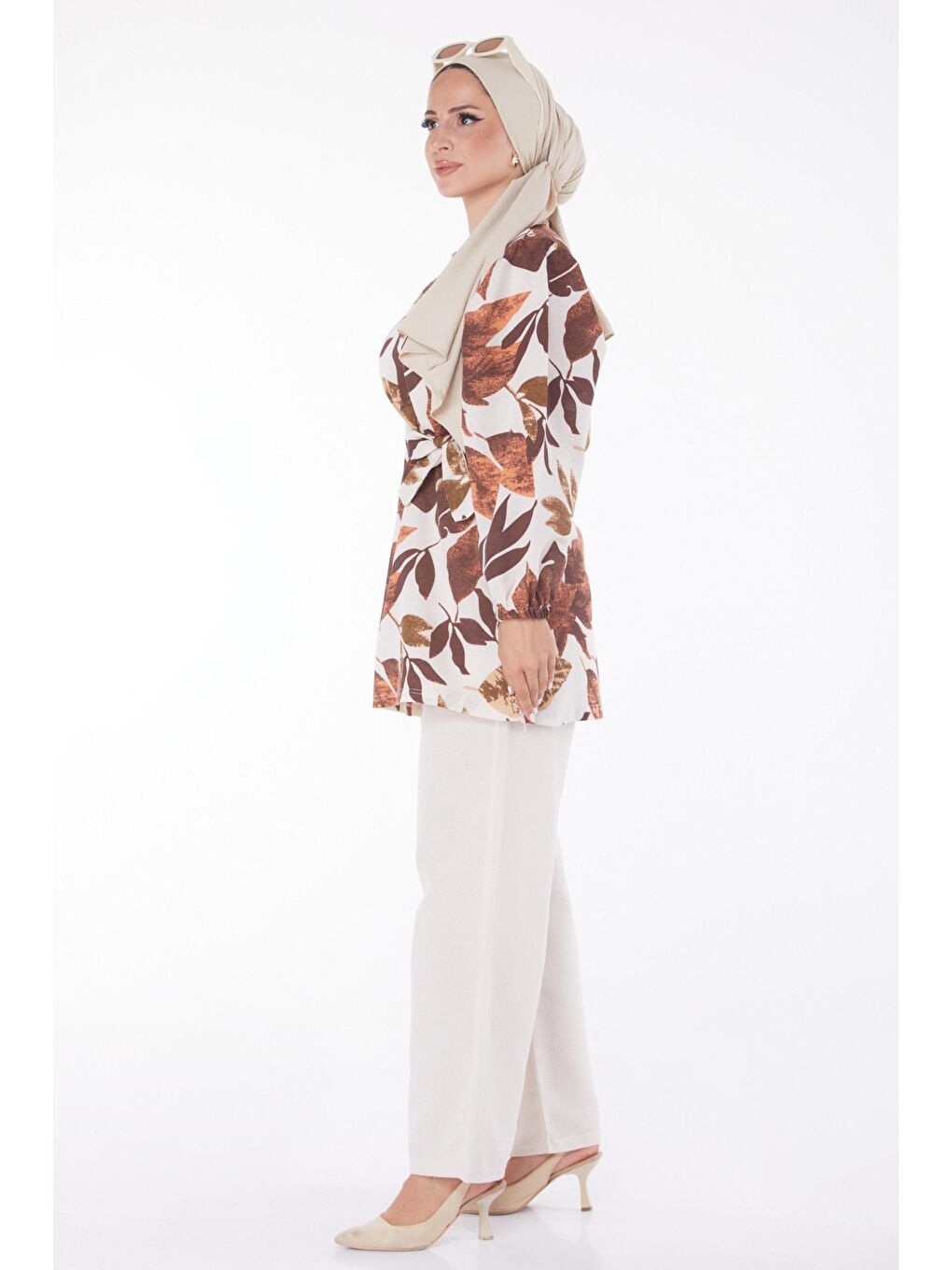 Bisiklet Yaka Kadın Kahverengi Desenli İkili Takım - 13240-3