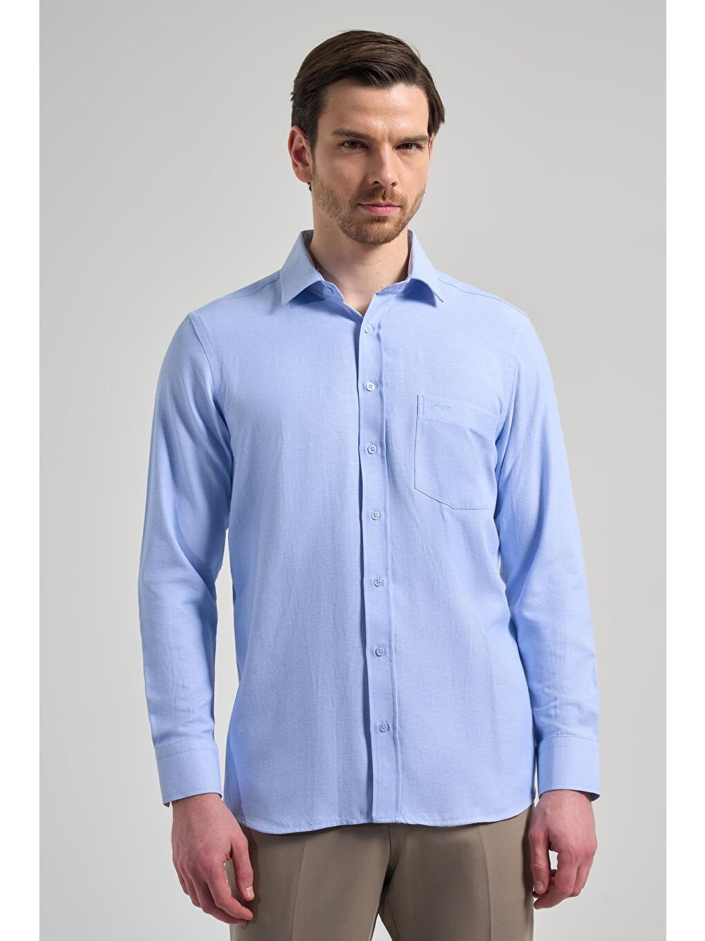 Mavi Sert Yaka Düz Classic Pamuklu Comfort Fit Gömlek 1004250213