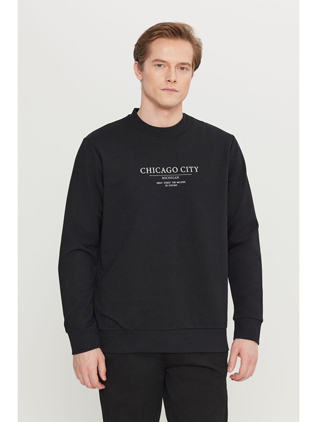 Erkek Siyah 2 İplik Pamuklu Standart Fit Normal Kesim Bisiklet Yaka Sweatshirt-2