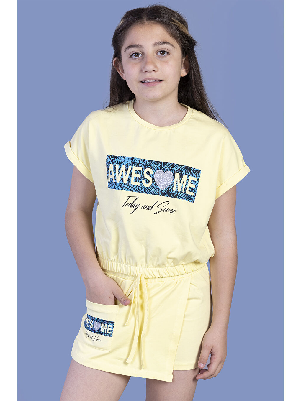 Sarı Kız Çocuk Baskılı Şortlu Takım