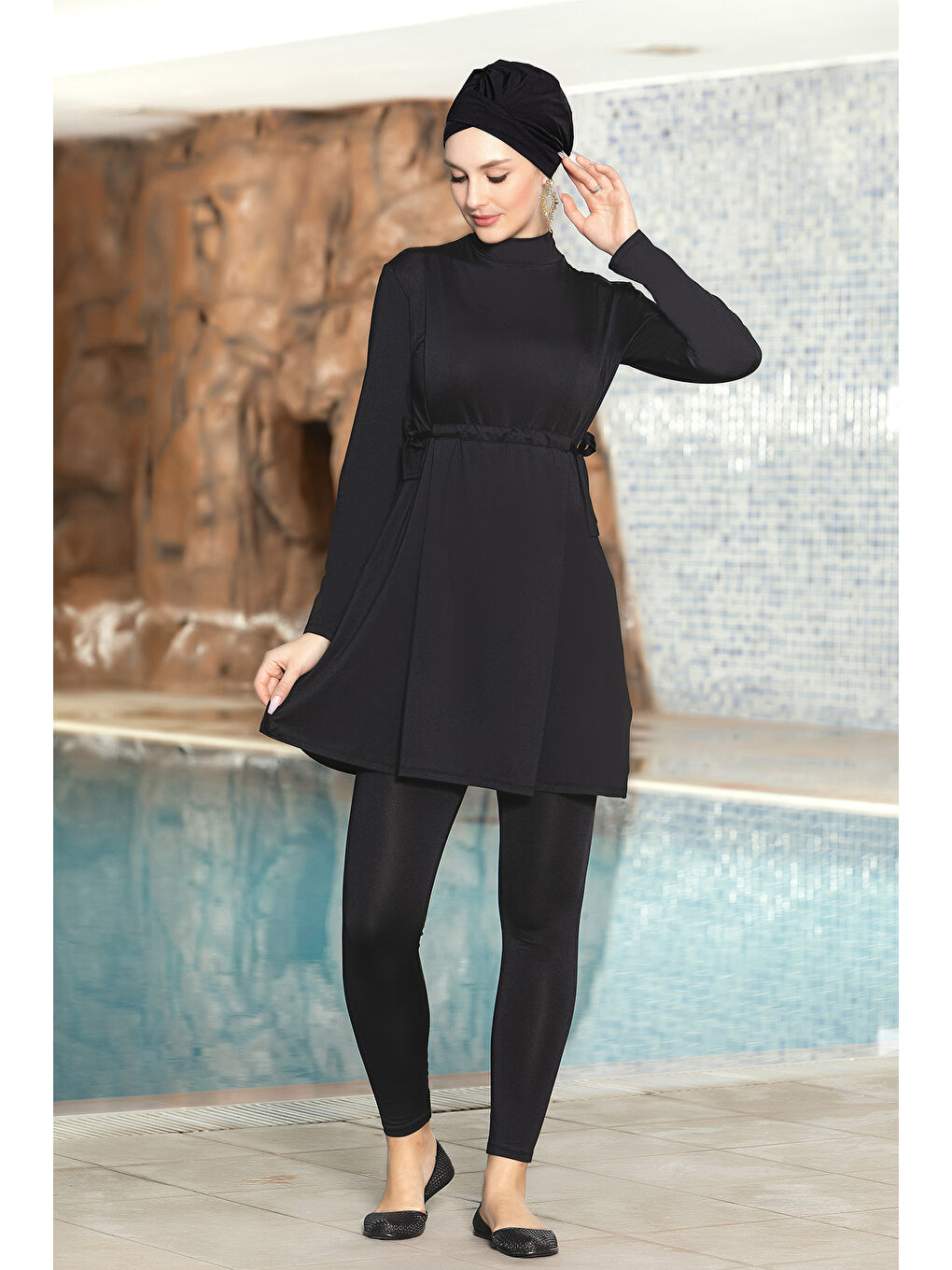 Önü Bağcıklı Elastanlı Tam Kapalı Tesettür Mayo 1264 01 Siyah