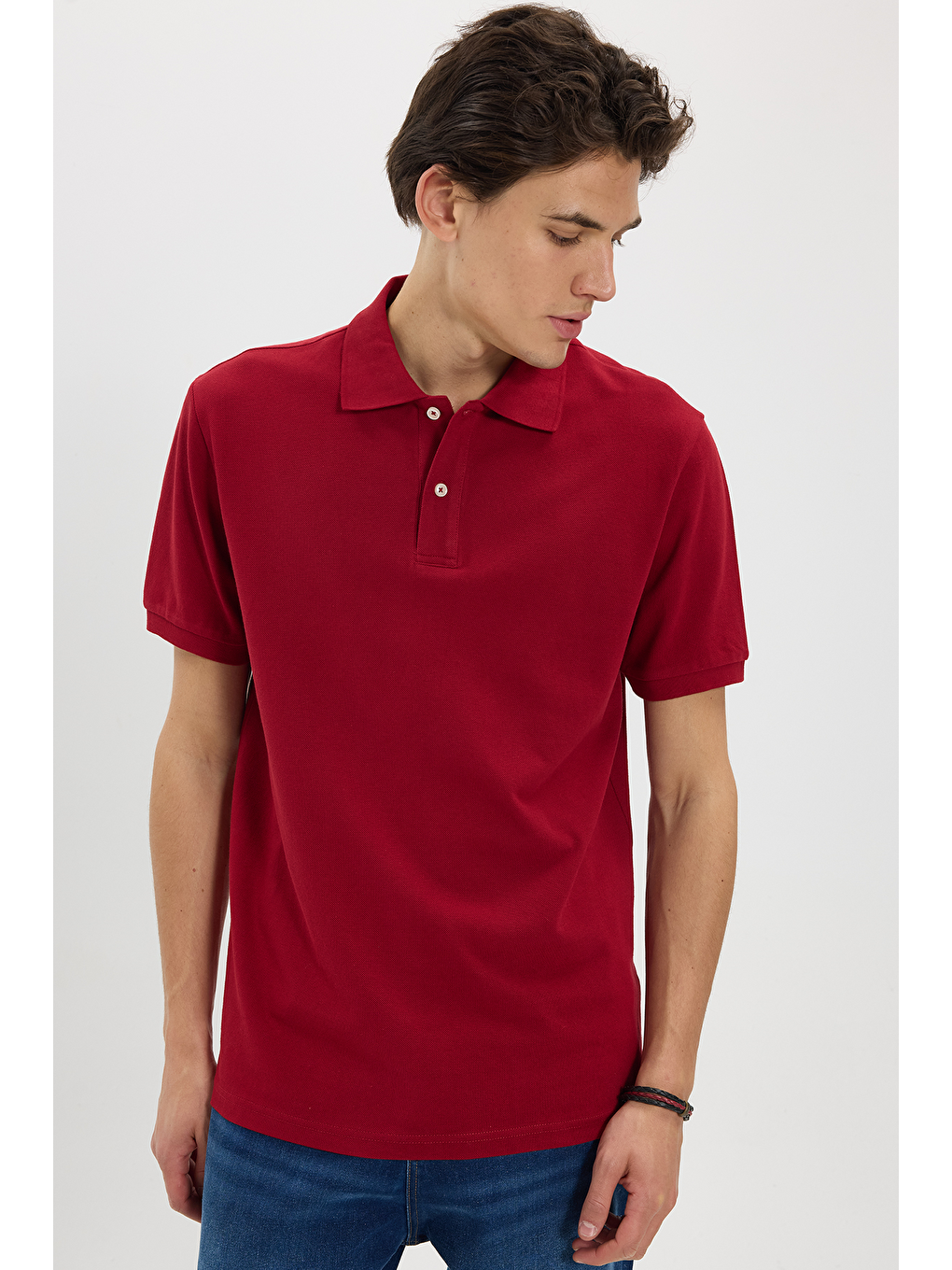 Erkek Regular Fit Klasik Kesim %100 Pamuk Düz Pike Kırmızı Polo Yaka Tişört-3