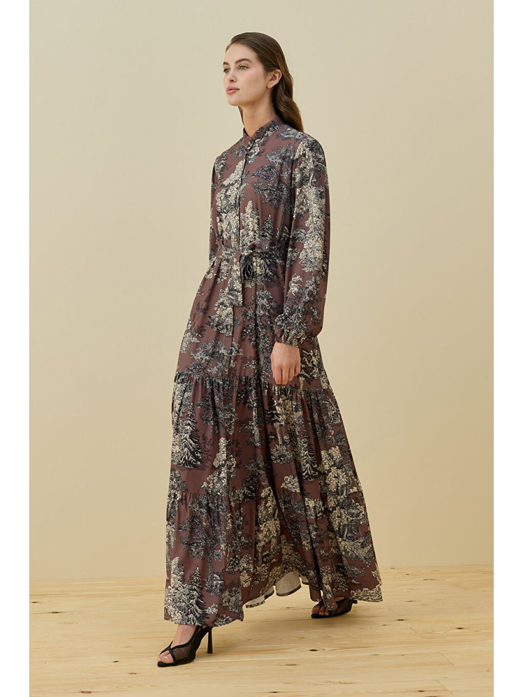 Etek Ucu Fırfır Detay Desenli Bloom Elbise 1727 Kahverengi-1