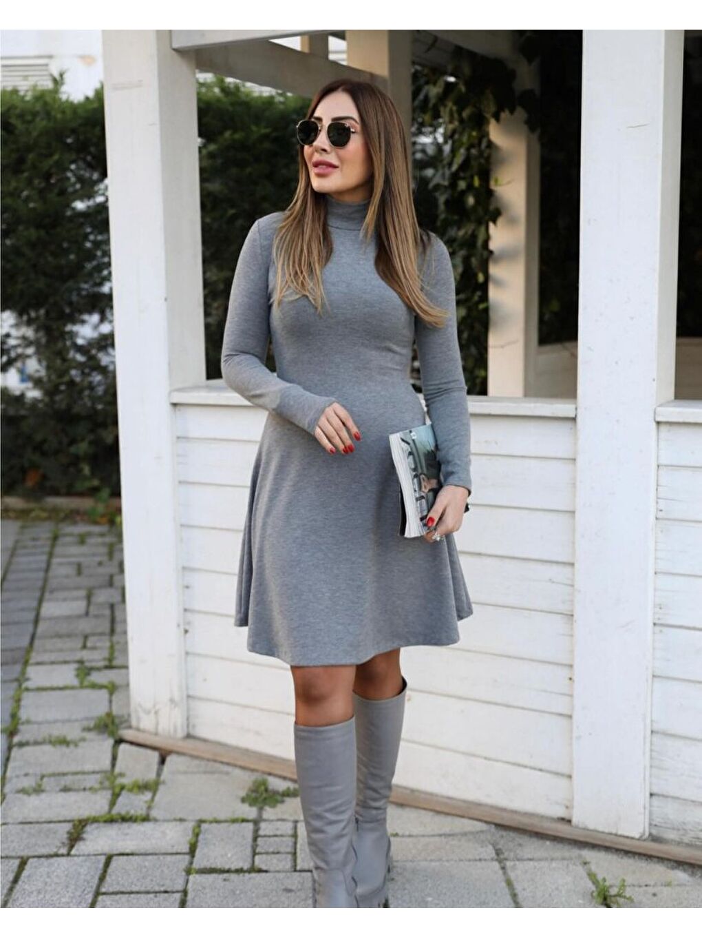 Gri Kadın Uzun Kollu Balıkçı Yaka Salaş Kusa Akrilik Elbise-2