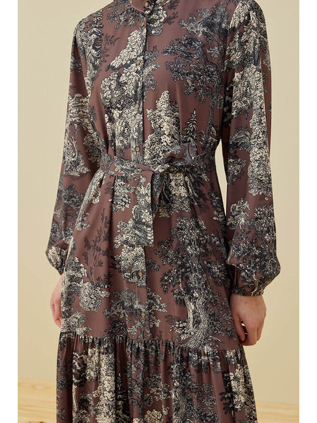 Etek Ucu Fırfır Detay Desenli Bloom Elbise 1727 Kahverengi-2