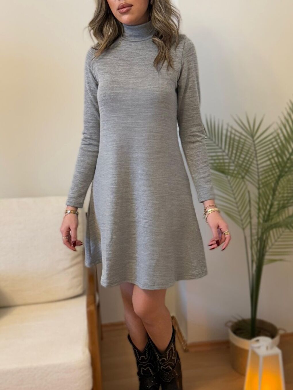 Gri Kadın Uzun Kollu Balıkçı Yaka Salaş Kusa Akrilik Elbise-4