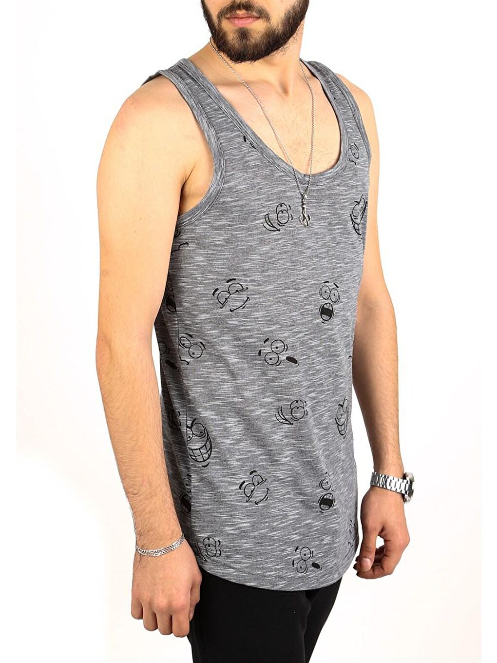 Emoji Baskılı Siyah %100 Pamuk Kolsuz Tişört 2329