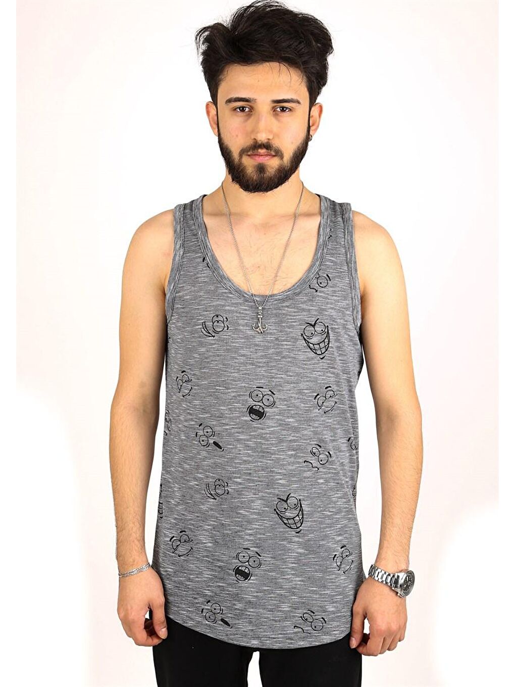 Emoji Baskılı Siyah %100 Pamuk Kolsuz Tişört 2329-1