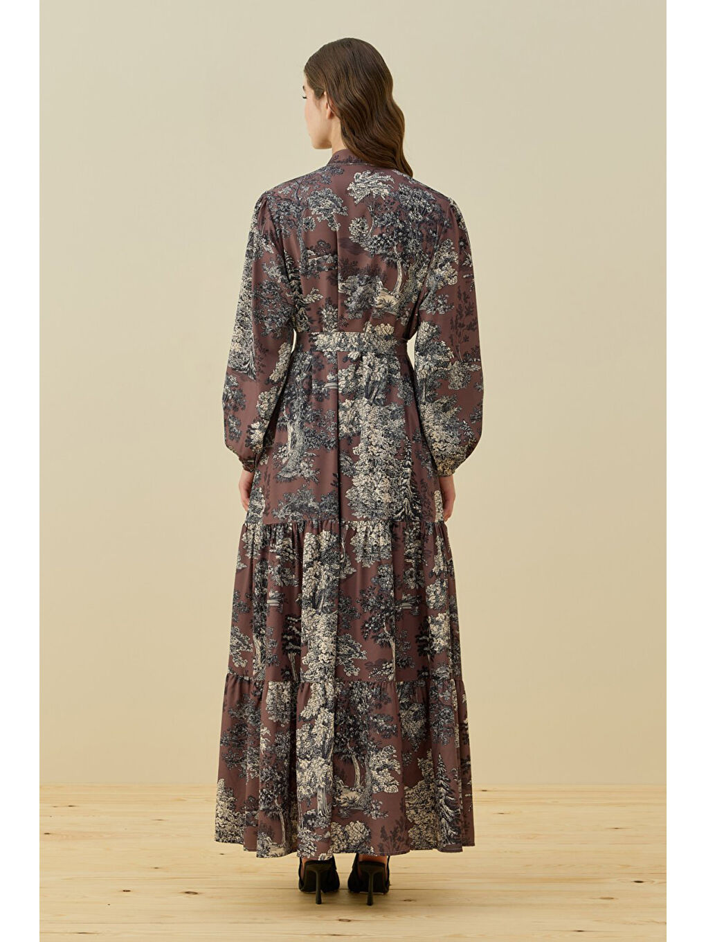 Etek Ucu Fırfır Detay Desenli Bloom Elbise 1727 Kahverengi-3