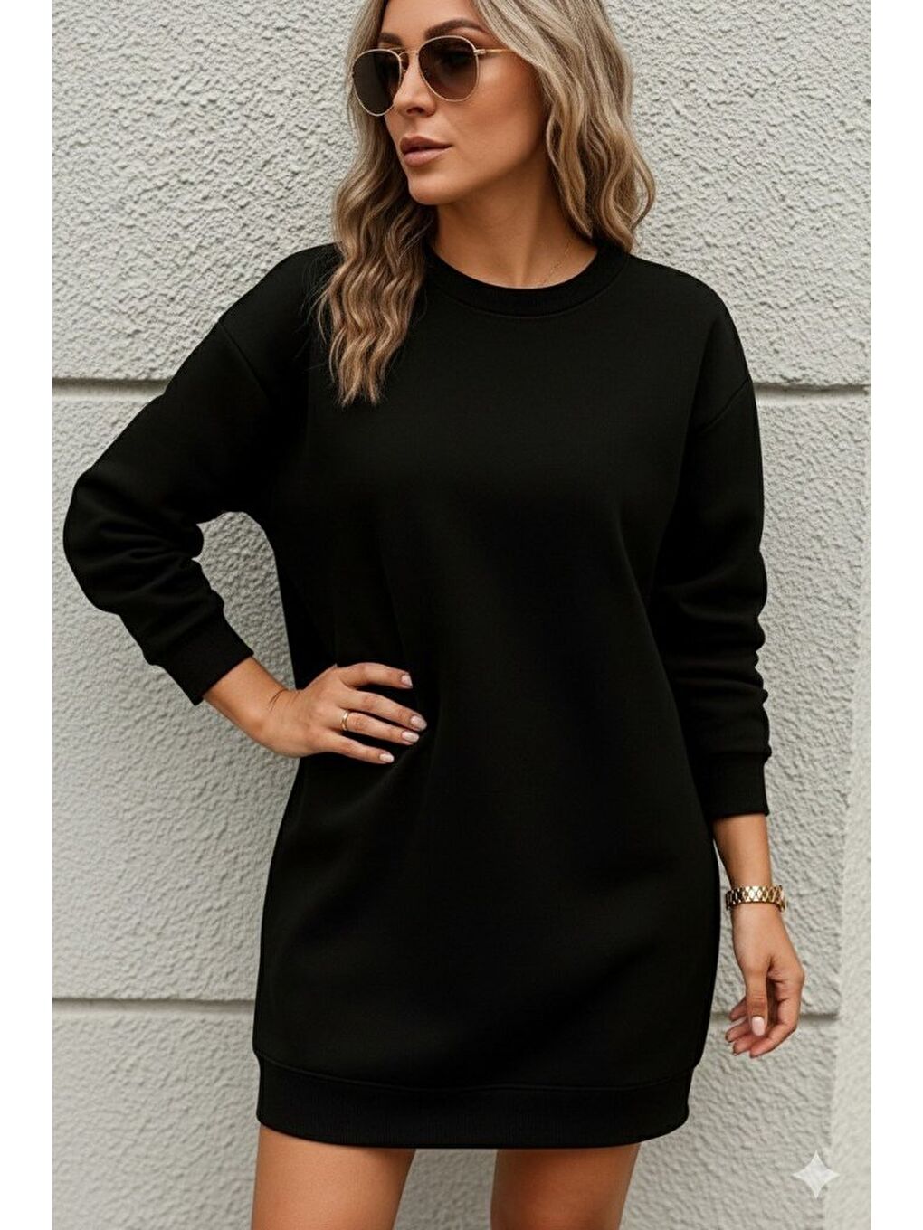 Siyah Kadın Uzun Kollu Bisiklet Yaka Iki Iplik Elbise