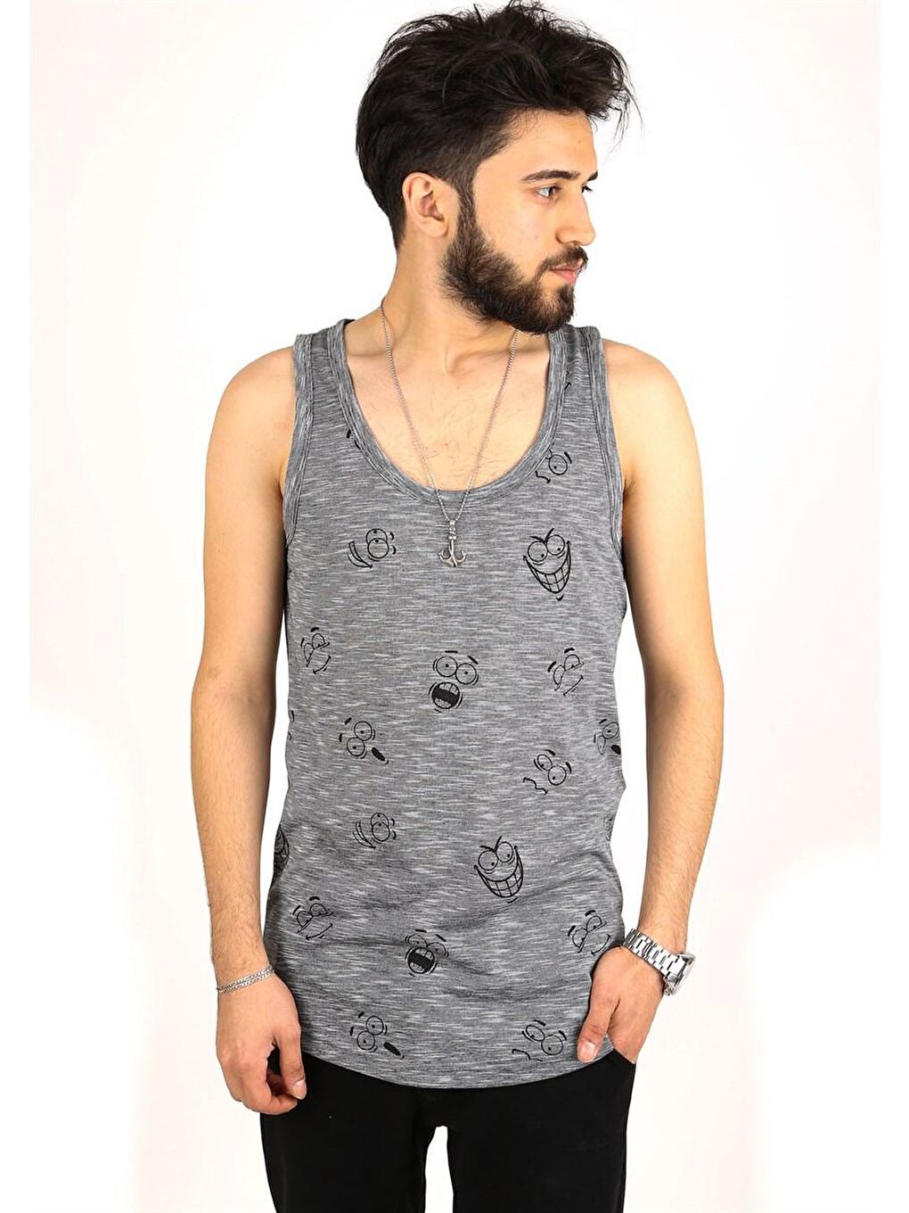 Emoji Baskılı Siyah %100 Pamuk Kolsuz Tişört 2329-2