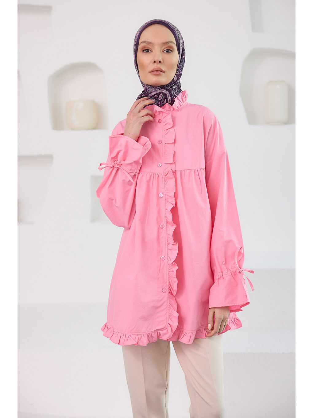 Locco Moda Kadın Fırfır Detaylı Gömlek Pembe