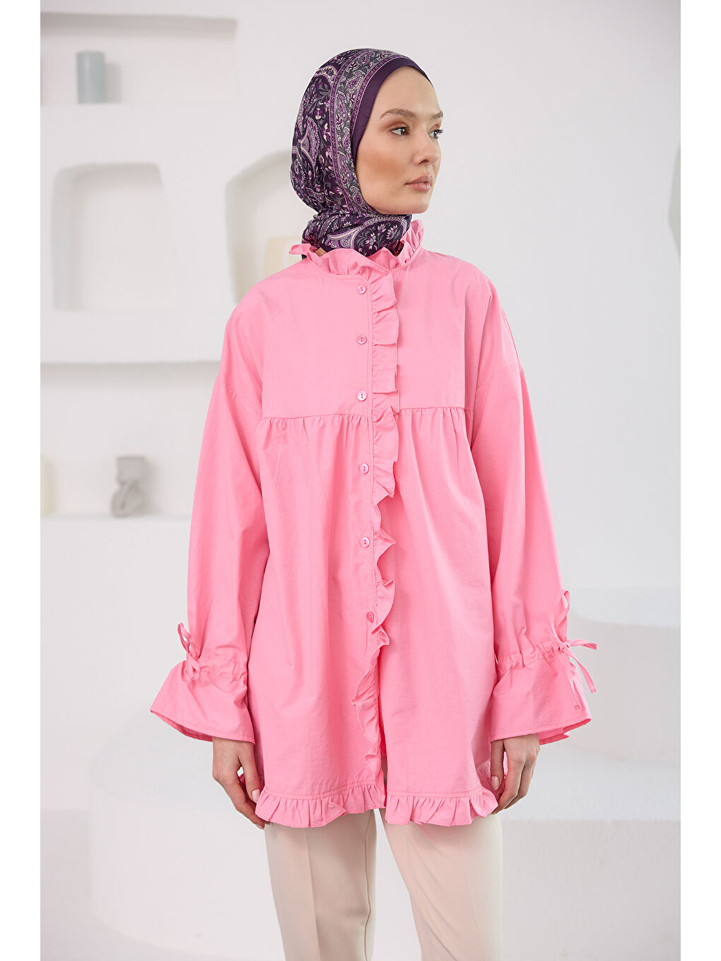 Locco Moda Kadın Fırfır Detaylı Gömlek Pembe - 1