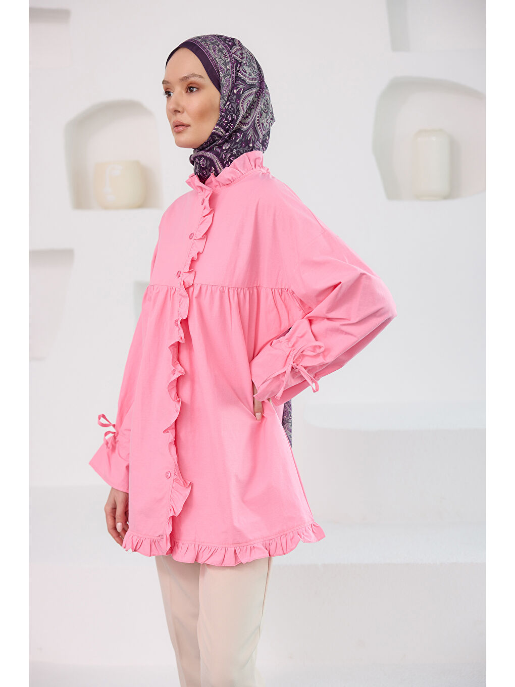 Locco Moda Kadın Fırfır Detaylı Gömlek Pembe - 2