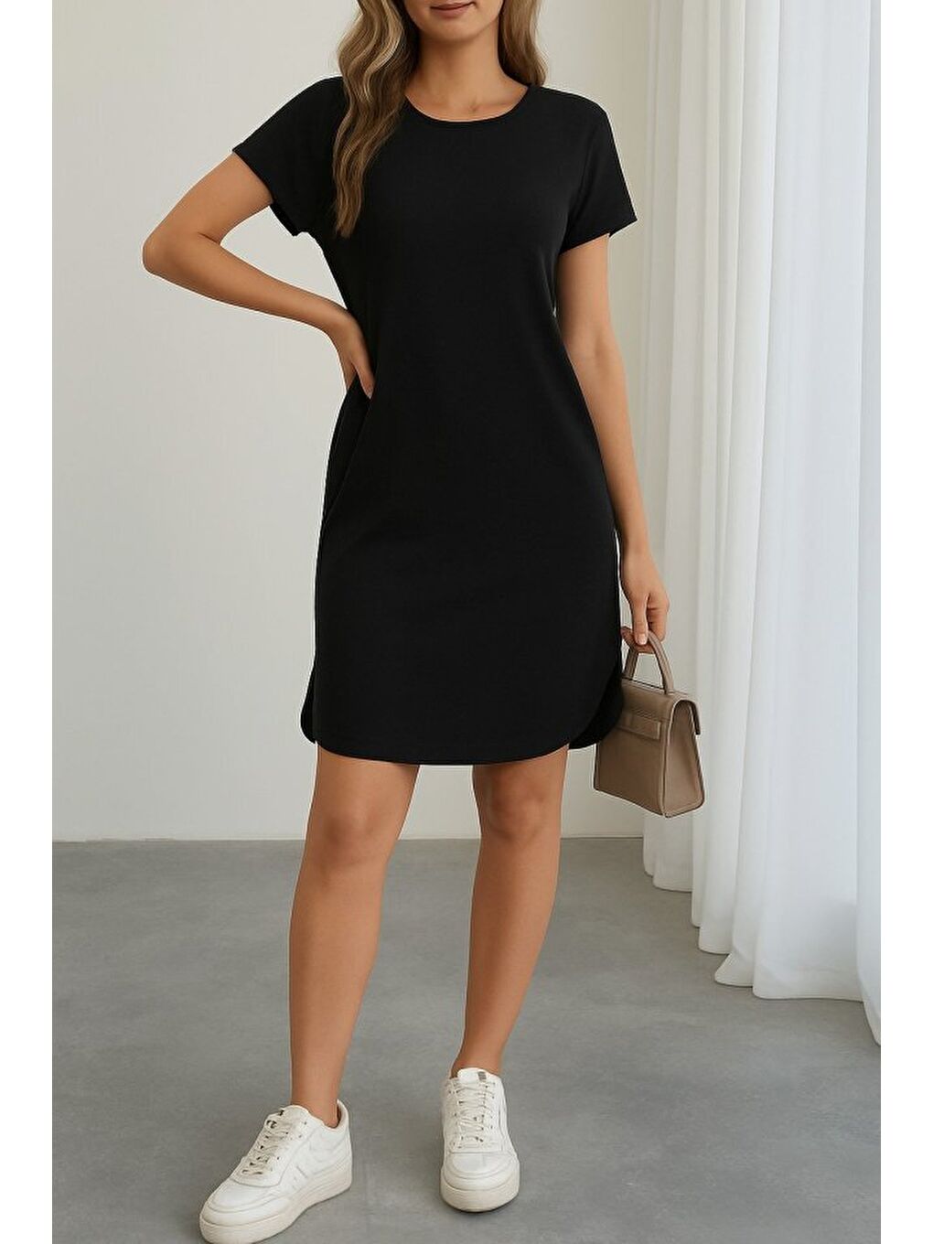 Siyah Kadın Kısa Kollu Bisiklet Yaka Viskon Iki Iplik Elbise