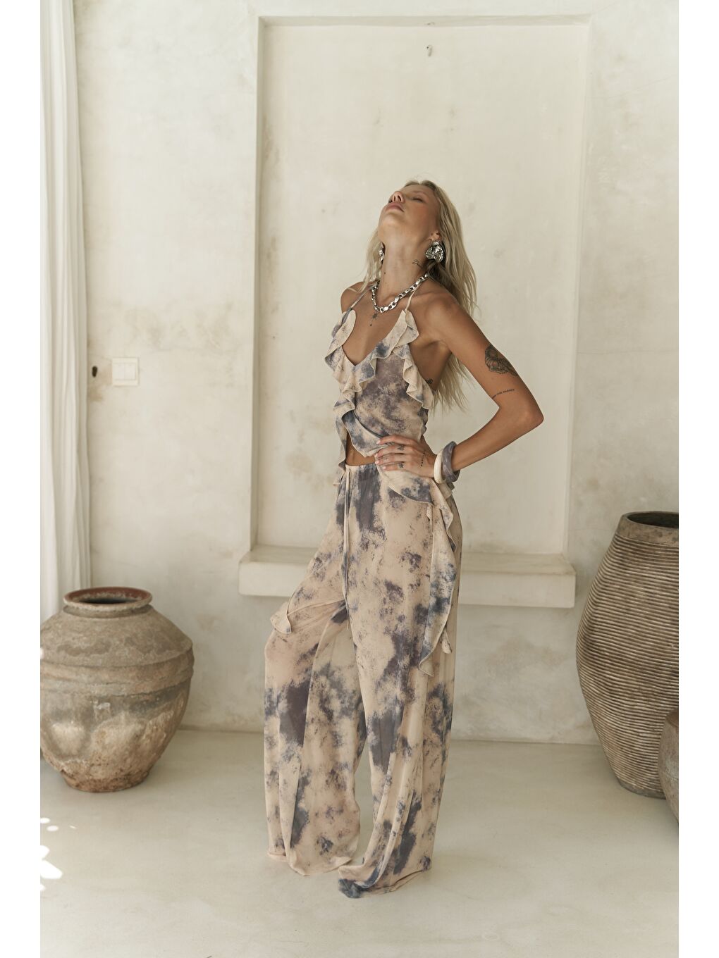 Sulliven Fırfır Detay Sarı Crop Pantolon Takım