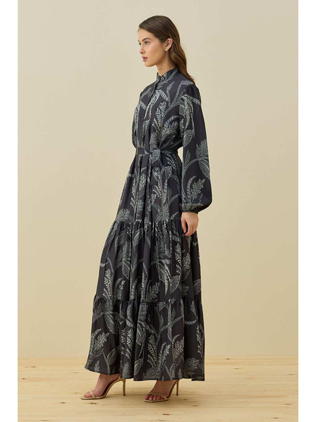 Etek Ucu Fırfır Detay Desenli Düğmeli Estope Elbise 1659 Siyah-1