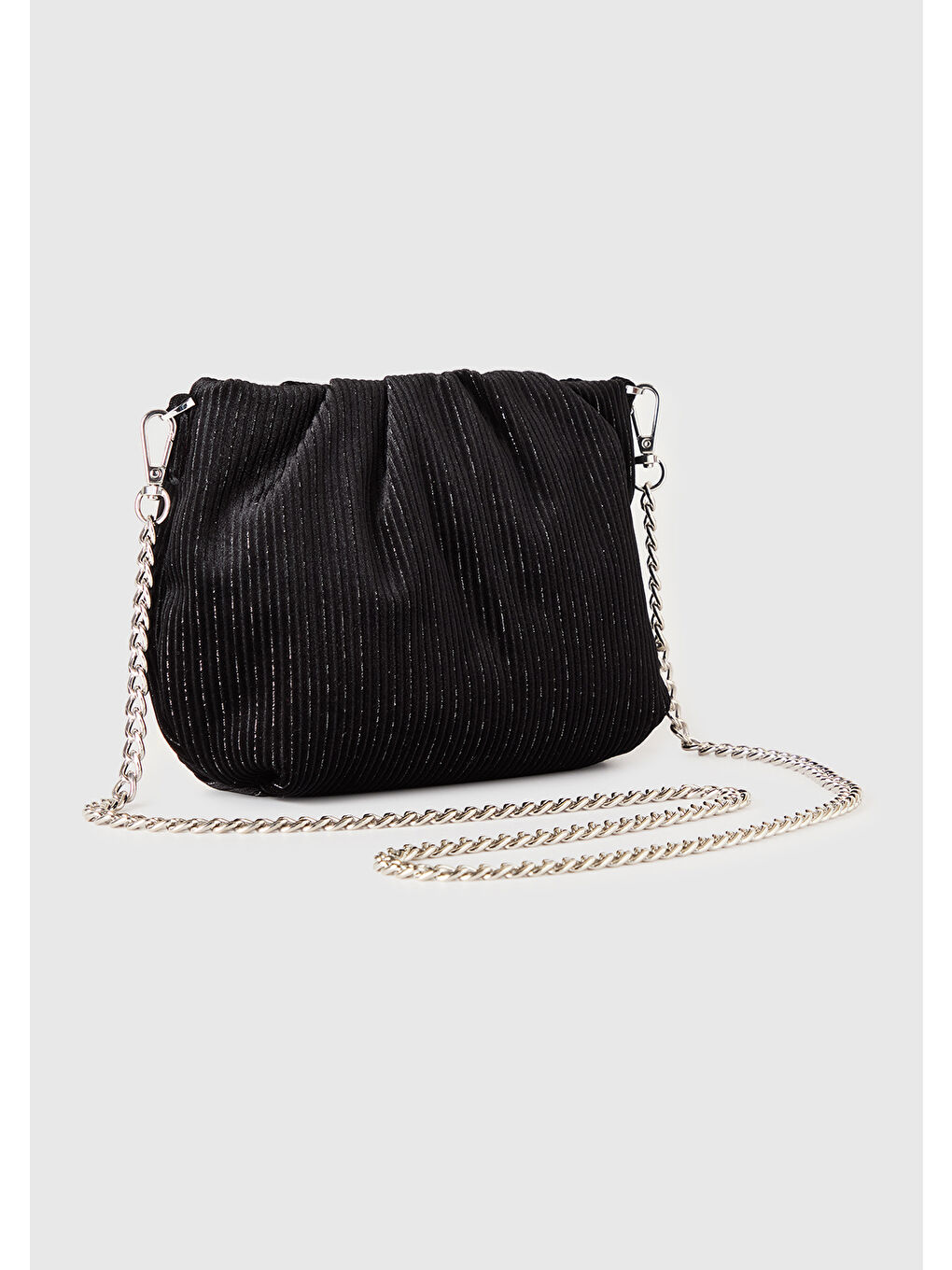 Kadın Siyah Simli Zincir Askılı Kadife Clutch Çanta-1