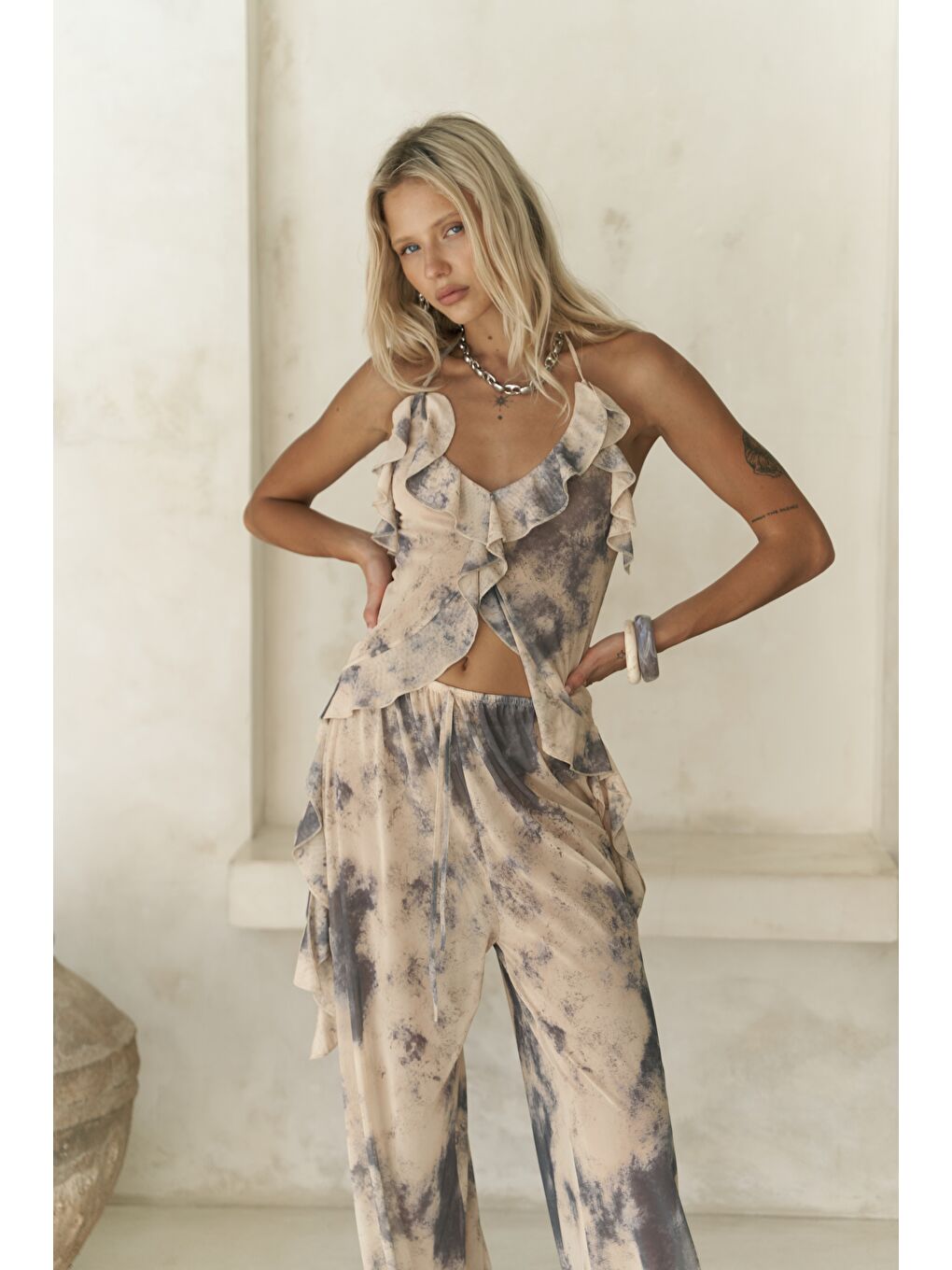 Sulliven Fırfır Detay Sarı Crop Pantolon Takım-2